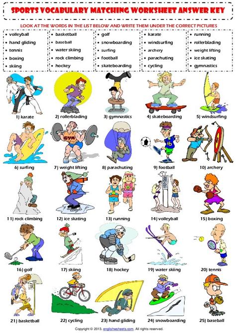 Sports vocabulary matching exercise worksheet  1  | sports ...
