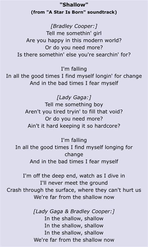 “Shallow”   Lady Gaga & Bradley Cooper | Great song lyrics ...