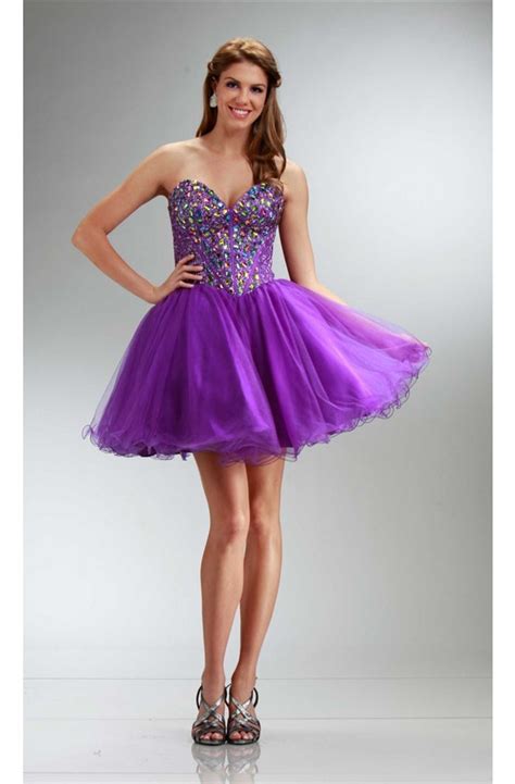 Stunning Ball Strapless Short Purple Tulle Beaded Cocktail Prom Dress