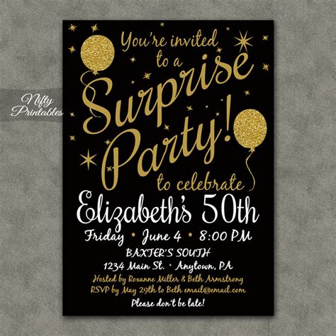 Surprise Party Invitations Printable Black & Gold Surprise