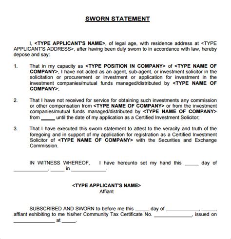 SWORN Statement Template   12+ Download Free Documents in PDF