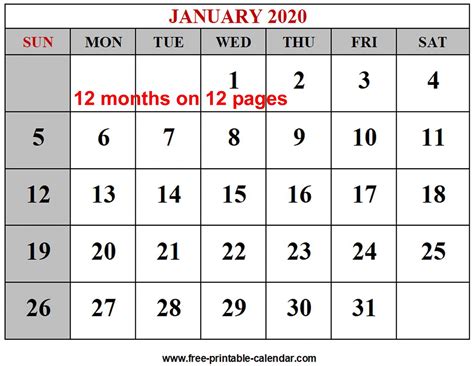 Take 12 Month 2020 Printable Calendar Downloadable ...