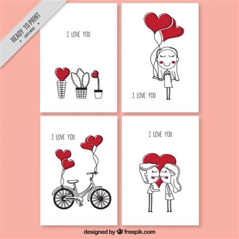 Tarjetas de amor con bonitos dibujos con corazones | Vector Premium