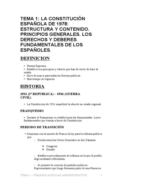 Tema 1: La Constitución Española De 1978: Estructura Y ...