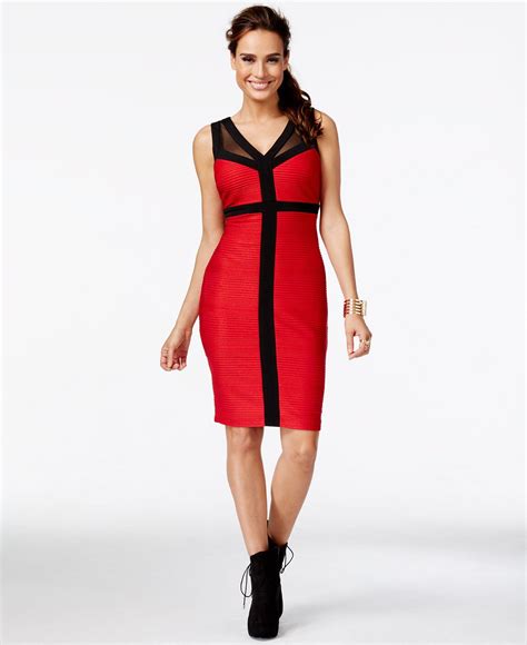 Thalia Sodi Mesh Inset Red Foil Sheath Dress, Only at Macy ...