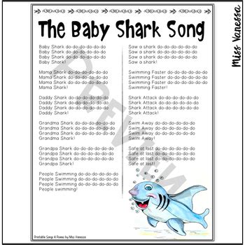The Baby Shark Song Printable Lyrics by Miss Vanessa | TpT