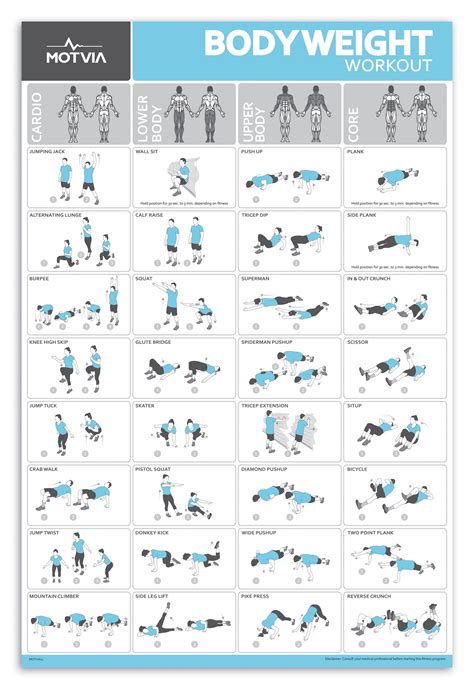 This personal fitness bodyweight workout poster/chart features 32 ...