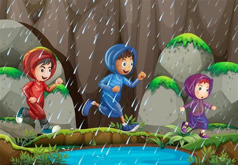 Three kids in the rain 368095 Vector Art at Vecteezy