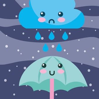 Tiempo lluvia gotas nube y paraguas de dibujos animados | Vector Premium