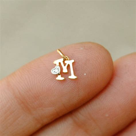 Tiny Initial Diamond Charm in 14K Gold , Alphabet Heart Necklace Charm ...
