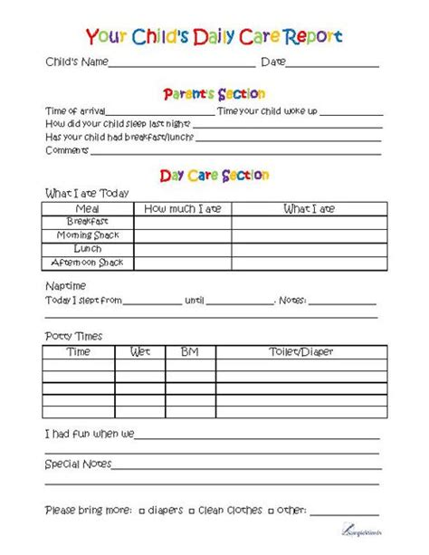 Toddler Day Care Report   PDF Template for Printing | Daycare forms ...