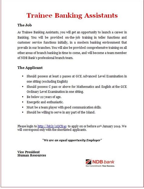 Trainee Banking Assistants   NDB Bank Vacancies 2019 ...