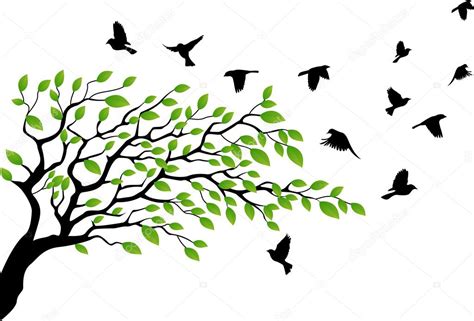 Tree silhouette with bird flying — Stock Vector ...