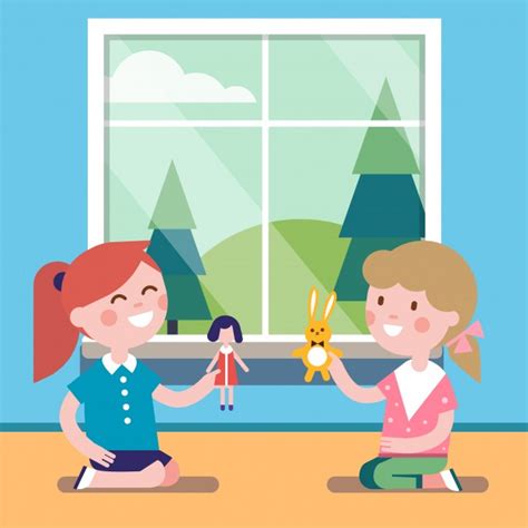 Two friends playing with toy dolls together Vector | Free ...