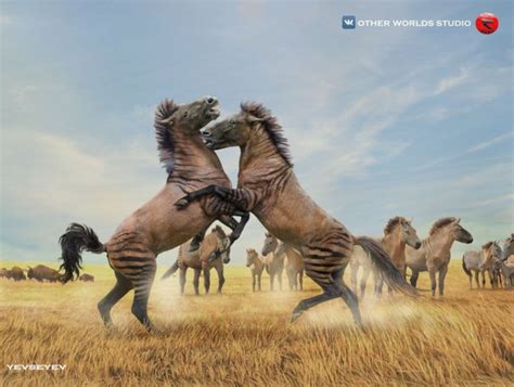 Two prehistoric Equus giganteus stallions battling for control of the ...