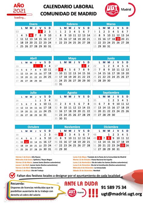 Ugt Calendario Laboral 2021 Madrid | Calendario aug 2021