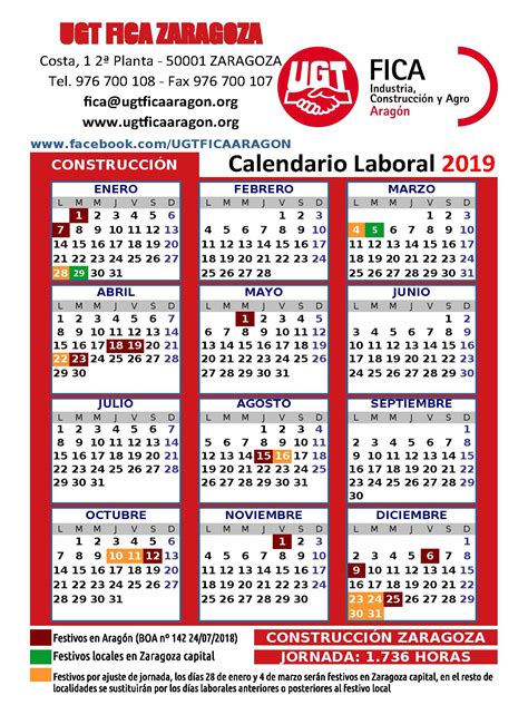 UGT FICA Aragón   Calendarios laborales 2019 construcción ...