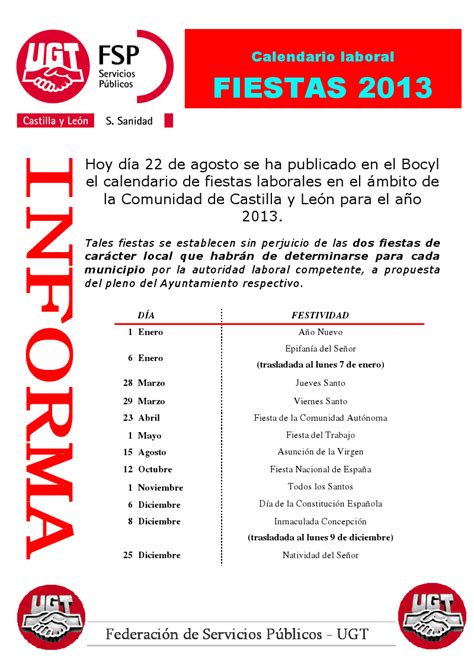 UGT JUSTICIA CASTILLA Y LEON: CALENDARIO LABORAL 2013 ...