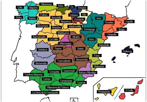 Un mapa de España con nombres de pueblos  guarretes  triu...
