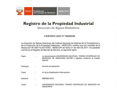 UNTRM recibió certificado de registro de Propiedad Industrial   UNTRM