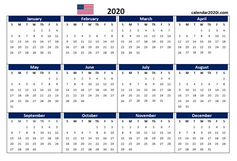 US 2020 Calendar Yearly 12 Month Printable | Calendar 2020 ...