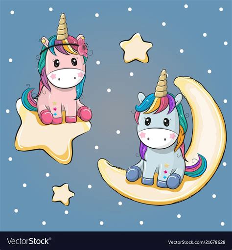 Valentine card with two unicorns on a moon and vector ...