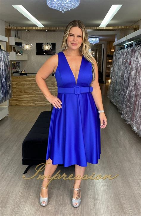 Vestido de Festa Midi Plus Size Azul Royal – Impression Modas