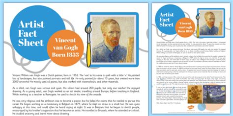 Vincent Van Gogh Fact Sheet   vincent van gogh, fact sheet