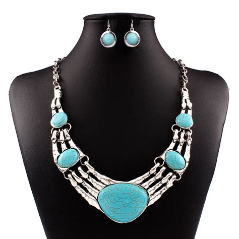 Vintage Turquoise Pendant Necklace And Earrings Jewelry Sets Tibetan ...