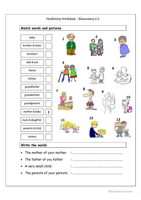 Vocabulary Matching Worksheet   Elementary 2.2  Family ...