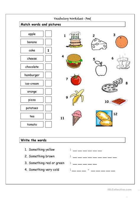 Vocabulary Matching Worksheet   Food worksheet   Free ESL ...
