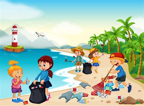 Volunteer Children Cleaning Beach   Download Free Vectors ...