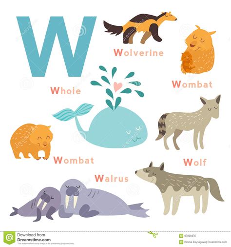 W Letter Animals Set. English Alphabet. Vector ...