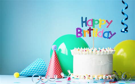 Wallpaper Happy Birthday, cake, hat, balloon, ribbon ...