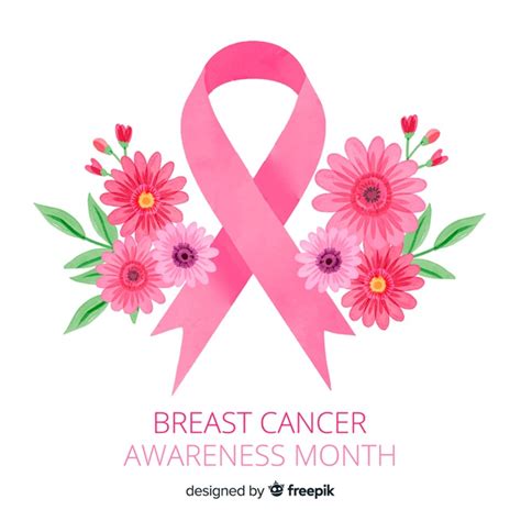 Watercolor breast cancer awareness ribbon with flowers ...