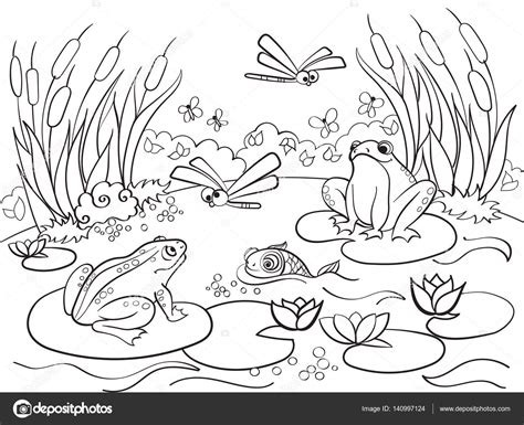 Wetland landscape with animals coloring vector for adults ...