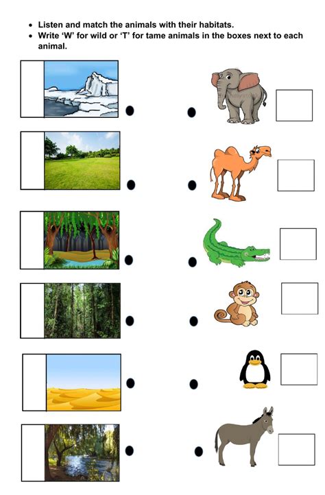 Wild and Tame animal with their sounds and Habitats worksheet