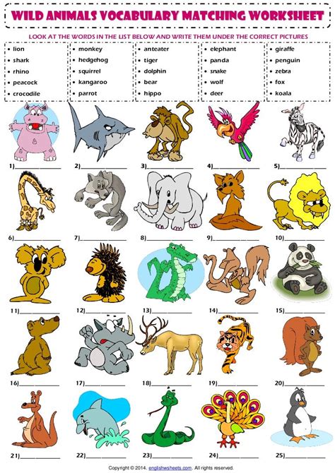 Wild animals esl vocabulary matching exercise worksheet