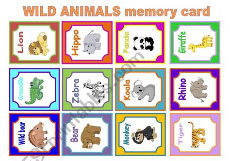 WILD ANIMALS MEMORY CARD GAME   ESL worksheet by azanatos