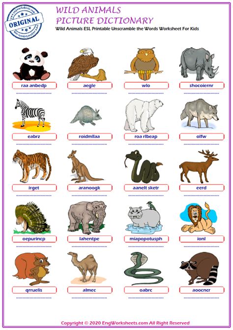 Wild Animals Printable English ESL Vocabulary Worksheets   EngWorksheets