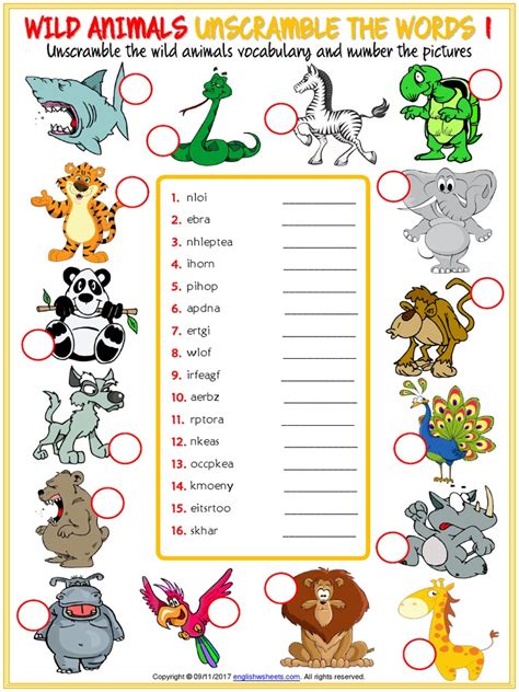 wild animals vocabulary esl unscramble the words worksheets for kids ...