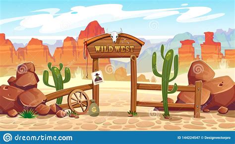 Wild West Cartoon Illustration With Cowboy, Skull, Wanted ...