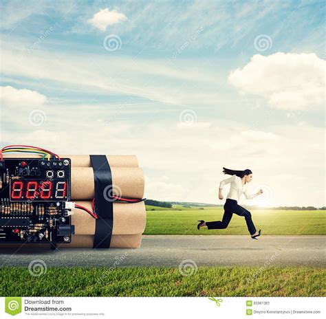 Woman Running Away From Big Bomb On The Road Stock Image ...