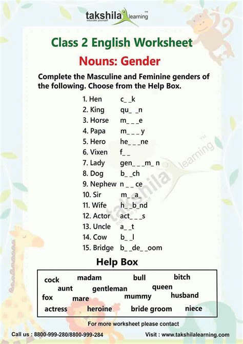 Worksheets for class 2 english nouns gender by Takshila ...