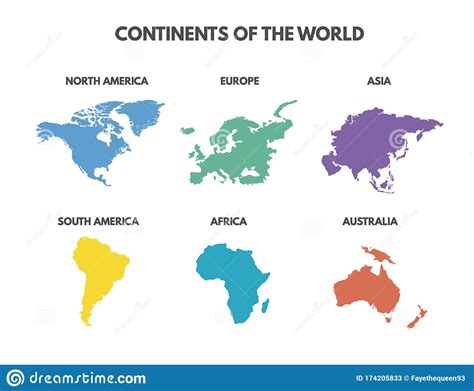 World Map 6 Continents Isolated On White Background. Stock ...