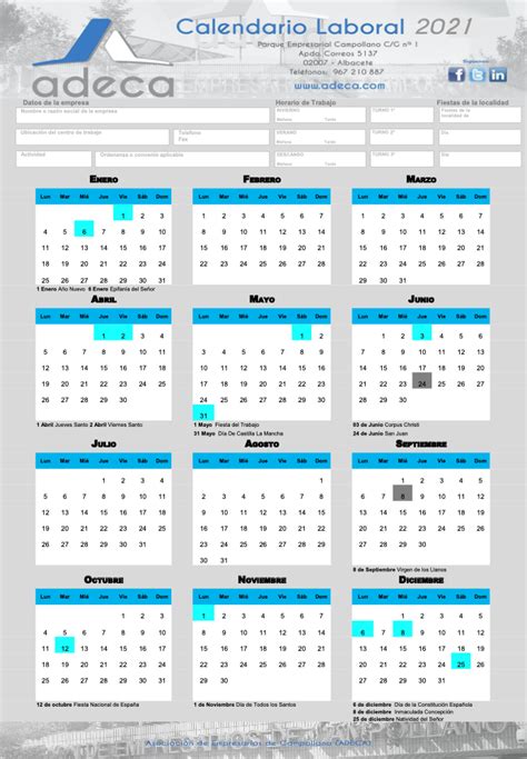 Ya puedes descargar el Calendario Laboral de 2021   Adeca