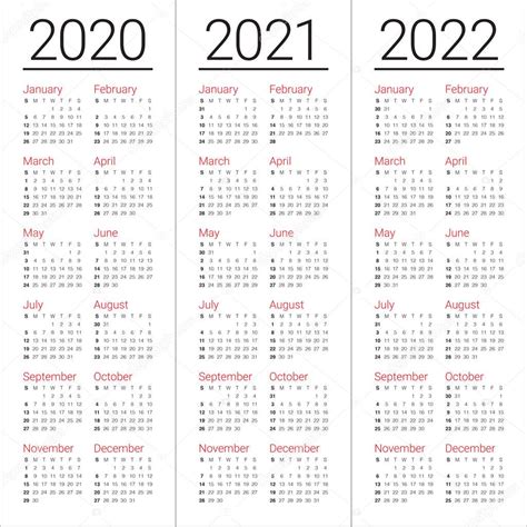 Year 2020 2021 2022 calendar vector design template, simple and clean ...