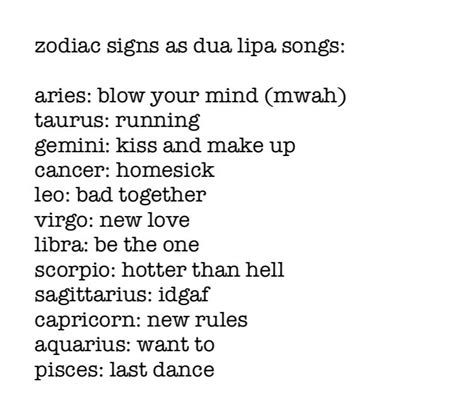 zodiac signs as dua lipa songs