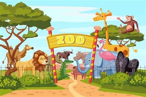 Zoo entrance gates cartoon poster with elephant giraffe lion safari ...