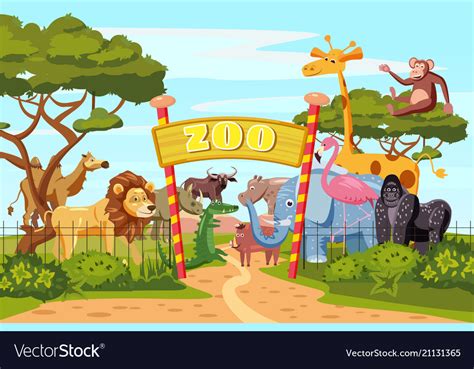 Zoo entrance gates cartoon poster with elephant Vector Image